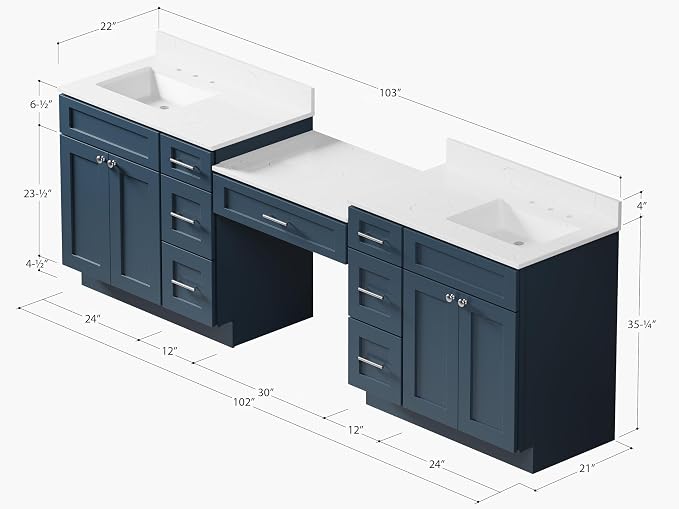 102" Bathroom Vanity with 6 Drawers, Carrara Quartz Top and Ceramic Sink, Shaker Style, Solid Wood Frame, 5 Piece Vanity with 3 Piece Countertop, 103" x 22"x35.25 (Navy Blue)