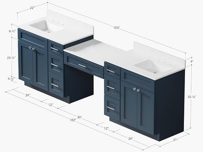 102" Bathroom Vanity with 6 Drawers, Carrara Quartz Top and Ceramic Sink, Shaker Style, Solid Wood Frame, 5 Piece Vanity with 3 Piece Countertop, 103" x 22"x35.25 (Navy Blue)