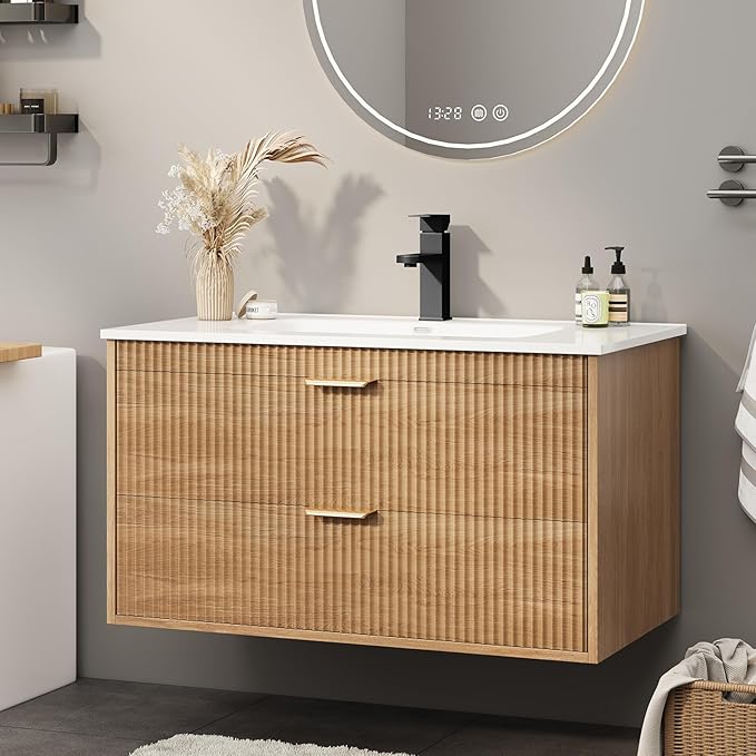 Vabches 30 Inch Bathroom Vanity with Sink, Wood Grain Wall Mounted Vanity with 2 Storage Darwers, Floating Bathroom Vanity with Storage, Bathroom Floating Vanity with Sink, Faucet, Drain, Oak
