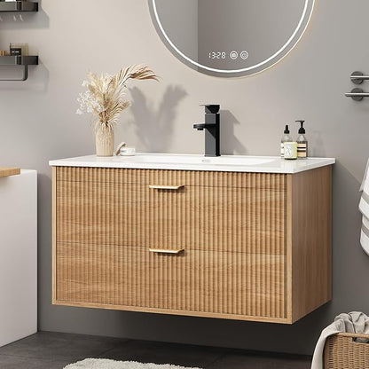Vabches 30 Inch Bathroom Vanity with Sink, Wood Grain Wall Mounted Vanity with 2 Storage Darwers, Floating Bathroom Vanity with Storage, Bathroom Floating Vanity with Sink, Faucet, Drain, Oak