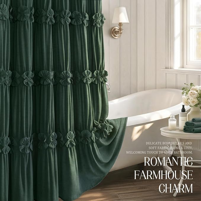 Ruffle Farmhouse Linen Shower Curtain with Vintage Dark Green 72" W x 72" H | Linen Blend Fabric, Ruffle Bow and Ruffled Hem，Linen Texture，Machine Washable，12 Metal Holes and Plastic Hooks