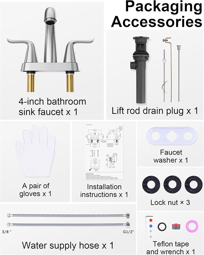 WOWOW Bathroom Faucet 2 Handle 4 Inch Centerset Bathroom Sink Faucet, Lead-Free Basin Mixer Tap with Lift Rod Drain Stopper, 2 Handle Centerset Lavatory Brushed Nickel Vanity Faucet