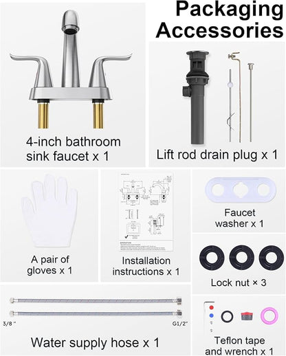 WOWOW Bathroom Faucet 2 Handle 4 Inch Centerset Bathroom Sink Faucet, Lead-Free Basin Mixer Tap with Lift Rod Drain Stopper, 2 Handle Centerset Lavatory Brushed Nickel Vanity Faucet