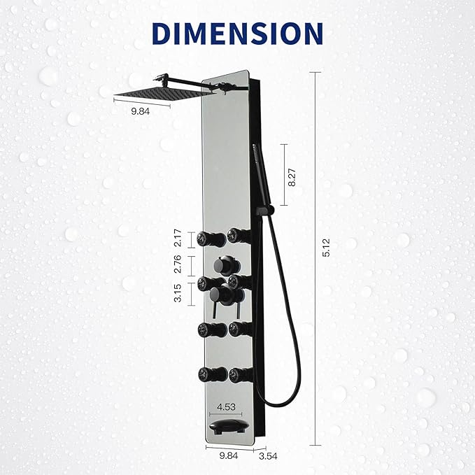 BWE Stainless Steel Shower Panel Tower System,Multi-Function Tempered Glass Shower Panel,Rainfall Shower Head Sprayer 8-Massage Jets with Tub Spout Hand Shower for Home Hotel Resort Split Type Black