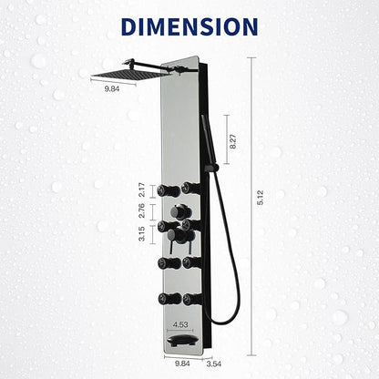BWE Stainless Steel Shower Panel Tower System,Multi-Function Tempered Glass Shower Panel,Rainfall Shower Head Sprayer 8-Massage Jets with Tub Spout Hand Shower for Home Hotel Resort Split Type Black