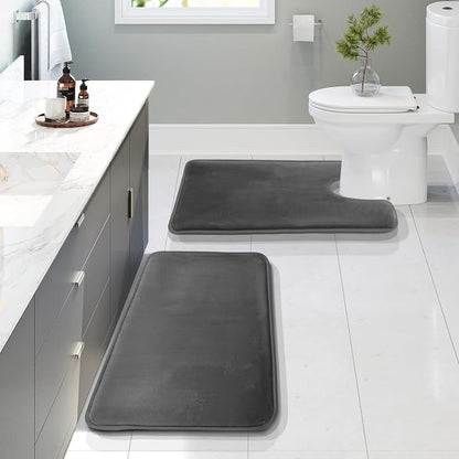Clara Clark 2 Piece Bathroom Rugs, Velvet Memory Foam Bath Mat Set, Non-Slip Bath Rugs, Machine Wash, Dries Quickly, Ultra Soft Plush Bath Mats for Bathroom, 20 x 32 + Contour, Dark Grey