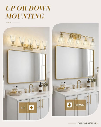 HWH 5-Light Bathroom Vanity Light Fixtures, Brushed Brass Modern Wall Lights with Clear Floral Glass, Vintage Wall Sconce Lighting for Mirror, Bedroom, 5HJX110B-5W BG