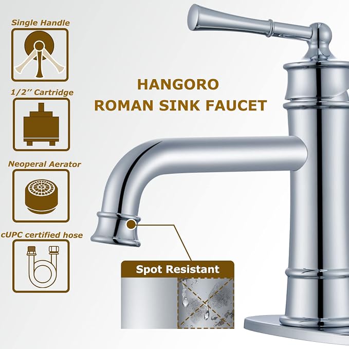 Antique Brass Bathroom Faucet Single Handle, Polished Chrome | Bathroom Faucet 1 or 3 Hole, Sink Faucet with Pop Up Drain Supply Hose for Vanity Lavatory RV Farmhouse(L2301-CP)