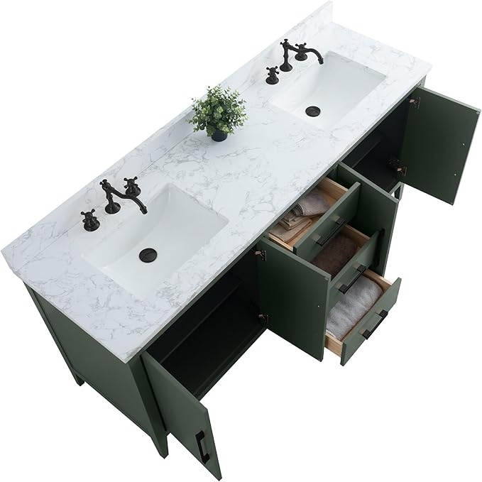 HomeBeyond 72 Inch Bathroom Vanity with Sink & Ceramic Top, Double Vanity Cabinet with Basin, Soft-Closing Doors & Matte Black Hardware, Vintage Green