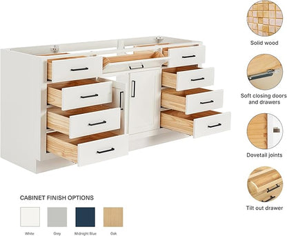ARIEL Hepburn 66-inch Bathroom Vanity Base Cabinet,Solid Wood, 2 Soft Closing Doors, 9 Dovetail Drawers, White