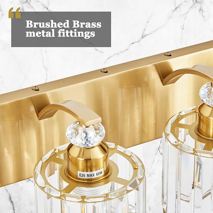 5-Lights Brushed Brass Bathroom Light Fixture Gold Vanity Lights Modern Crystal Bathroom Vanity Lighting Over Mirror Wall Sconce with K9 Crystal Shade E26 Base for Living Room, Bedroom Wall Lamp
