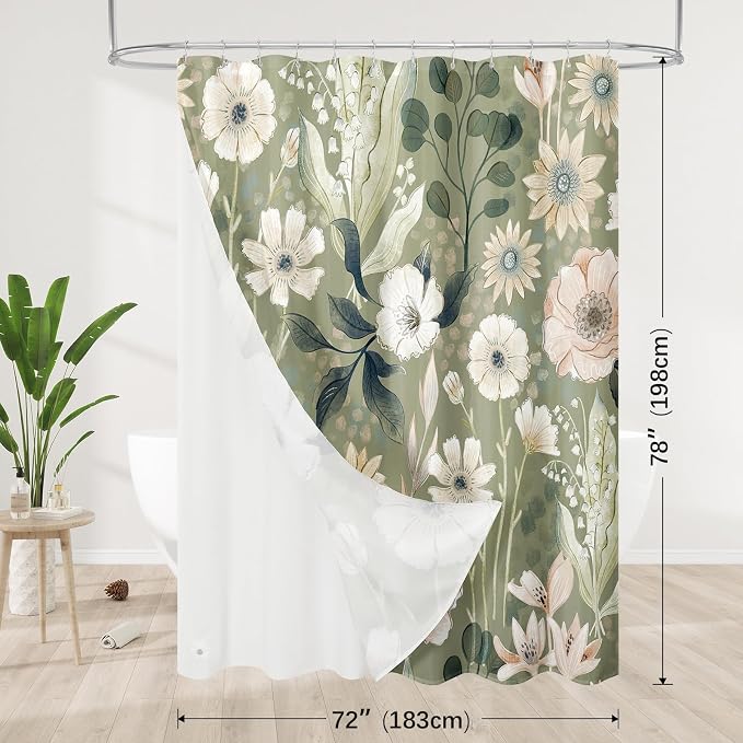 3 in 1 Green Floral Shower Curtain Set with PEVA Liner & 12 Hooks, 72 x 78 | Boho Tropical Botanical Style, Farmhouse Floral Fabric, Modern Hotel Inspired, Water‑Repellent, Machine Washable