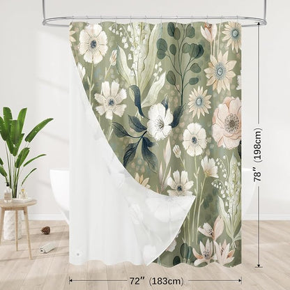 3 in 1 Green Floral Shower Curtain Set with PEVA Liner & 12 Hooks, 72 x 78 | Boho Tropical Botanical Style, Farmhouse Floral Fabric, Modern Hotel Inspired, Water‑Repellent, Machine Washable