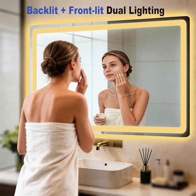 LTFUUAI 28"X36" LED Bathroom Mirror with Lights, Front & Back Light | Lighted Bathroom Mirror, Touch 3-Color Stepless Dimming, Wall Mounted, Anti-Fog Shatterproof, UL Listed(Horizontal/Vertical)