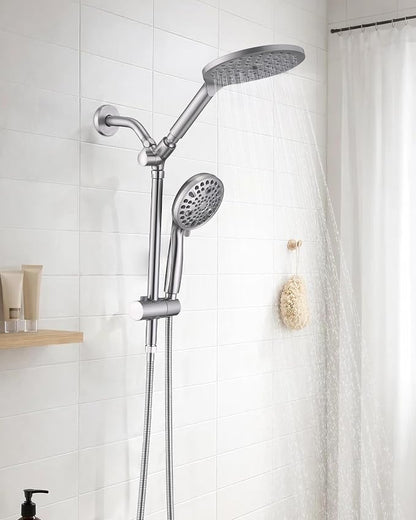 PDPBath High Pressure Rainfall Shower Head with Handheld Combo, 10 Setting Handheld Shower Head, Dual Handheld Shower Head Combo with Slide Bar for Easy Reach, Brushed Nickel
