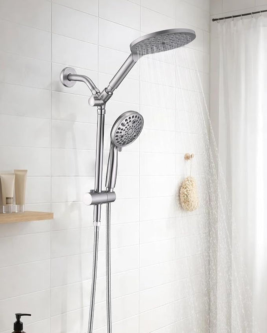 PDPBath High Pressure Rainfall Shower Head with Handheld Combo, 10 Setting Handheld Shower Head, Dual Handheld Shower Head Combo with Slide Bar for Easy Reach, Brushed Nickel