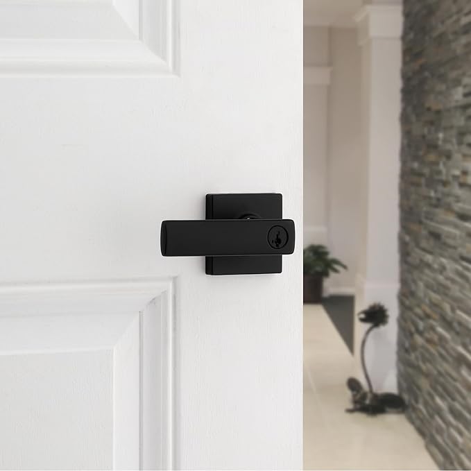 Kwikset Breton Entry Door Handle with Lock and Key, Secure Keyed Reversible Lever Exterior, For Front Entrance and Bedrooms, Matte Black , Pick Resistant Smartkey Rekey Security and Microban