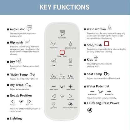 KERDE Electric Toilet Seat, White, Endless Warm Water, Rear and Front Wash, LED Light, Quiet Operation, Wireless Remote,1-click control P30Y.Elongated, for Existing Toilets Bidet