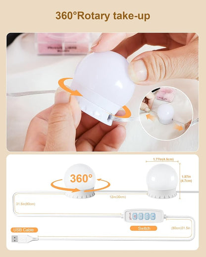10 Bulbs LED Vanity Lights for Mirror, 3000K 4000K 6500K & 10-Brightness, Wire Length Adjustable, USB Cable, Hollywood Mirror Lights for Makeup Dressing Room Bathroom, White