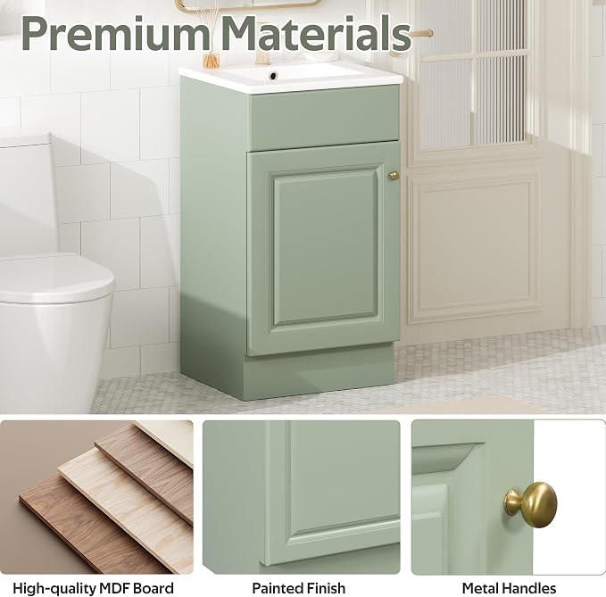 Christopher Knight Home Doreen 18" Bathroom Vanity with Ceramic Sink, Bathroom Vanity Cabinet with Adjustable Shelf, Wooden Bathroom Storage Cabinet, Pedestal Sink with Storage, Mint Green