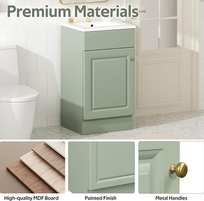 Christopher Knight Home Doreen 18" Bathroom Vanity with Ceramic Sink, Bathroom Vanity Cabinet with Adjustable Shelf, Wooden Bathroom Storage Cabinet, Pedestal Sink with Storage, Mint Green