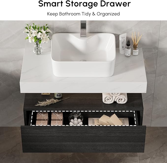 homary 35'' Floating Bathroom Vanity with Sintered Stone Countertop, Wall-Mounted Bathroom Cabinet with Ceramic Sink & Drawer Storage, Waterproof Modern Single Vanity, Black
