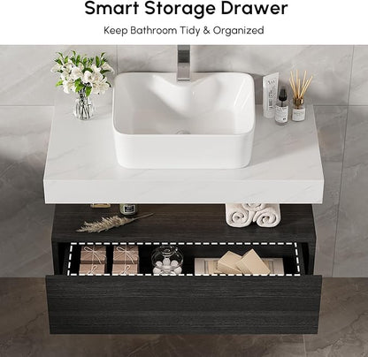 homary 35'' Floating Bathroom Vanity with Sintered Stone Countertop, Wall-Mounted Bathroom Cabinet with Ceramic Sink & Drawer Storage, Waterproof Modern Single Vanity, Black