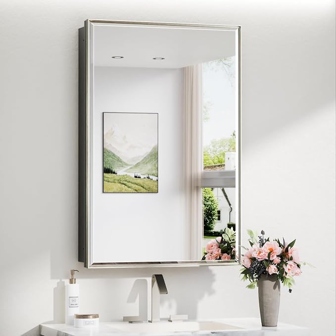 TokeShimi 24x36 Recessed Medicine Cabinet with Mirror Surface Mount, Brushed Nickel Bathroom Mirrored Medicine Cabinet, Bathroom Mirror with Storage Adjustable, Aluminum Framed