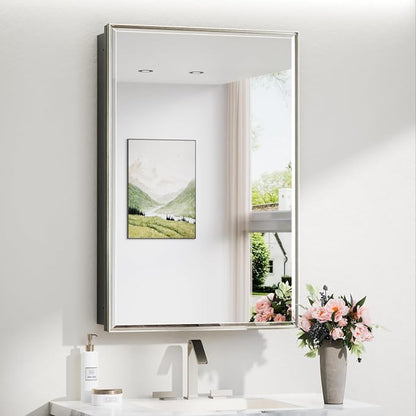 TokeShimi 24x36 Recessed Medicine Cabinet with Mirror Surface Mount, Brushed Nickel Bathroom Mirrored Medicine Cabinet, Bathroom Mirror with Storage Adjustable, Aluminum Framed