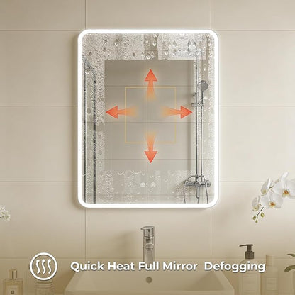 22 x 28 LED Bathroom Medicine Cabinet, Rounded Corner Aluminum Frame Lighted Mirror Cabinet with 3-Color Dimmable Lighting, Memory Function & Anti-Fog, Recessed or Surface Mount Installation