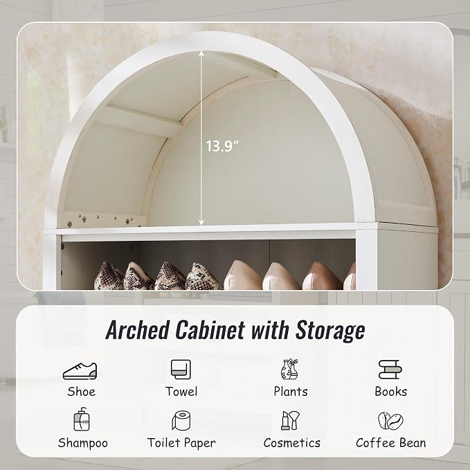 IFBUY 71" Tall Arched Bathroom Storage Cabinet, 7-Tier Modern Farmhouse Storage Cabinet with Adjustable Shelves, Wood Freestanding Cabinet for Bathroom, Living Room, Entryway, Hallway (Antique White)