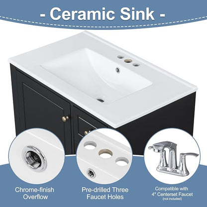 Bathroom Vanity with Ceramic Sink 30 Inch, Cabinet with One Door and Three Drawers, Soft-Closing Door, Solid Wood Legs, Black