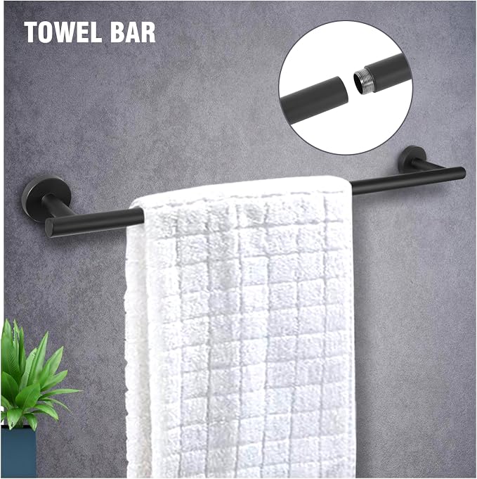 5 Piece Modern Style Wall Mounted Bathroom Hardware Set | #304 Stainless Steel, 24" Towel Bar Mount, Towel Rings, 2 Pillar Toilet Paper Holder, Bathrobe Hook (Matt Black)