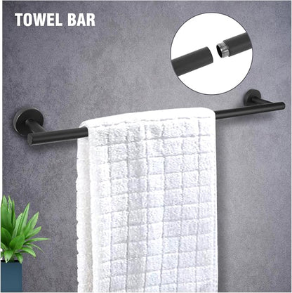 5 Piece Modern Style Wall Mounted Bathroom Hardware Set | #304 Stainless Steel, 24" Towel Bar Mount, Towel Rings, 2 Pillar Toilet Paper Holder, Bathrobe Hook (Matt Black)