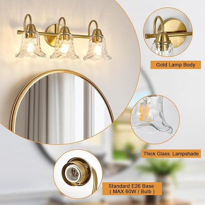 Bathroom Light Fixtures Over Mirror, 3 Lights Vintage Wall Sconces with Hammered Glass Shade, 19.3" Gold Bathroom Wall Light Fixtures for Bedroom, Porch, Hotel, Mirror Cabinet