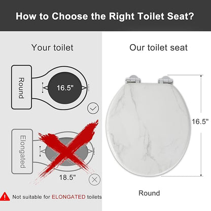 Angel Shield Marble Toilet Seat Durable Molded Wood with Quiet Close,Easy Clean，Quick-Release Hinges (Round,White Marble)