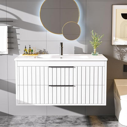 36" Bathroom Vanity with Sink, Floating Vanity Bathroom Sink Cabinet Wall Mount, Soft-Close Function 2 Large Drawers, Grooved Stripe Design, Hidden Damping Drawers, White
