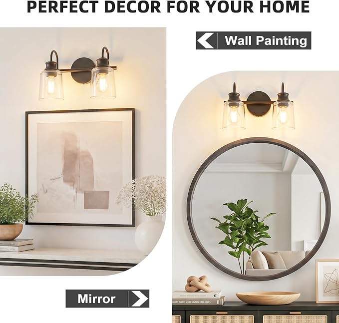 2 Lights Bathroom Light Fixtures Modern Black Vanity Lights | ETL Certificate, Easy to Install,Wall Mount Up or Down,Thickened Glass Lampshade,E26 Socket,Hardwired