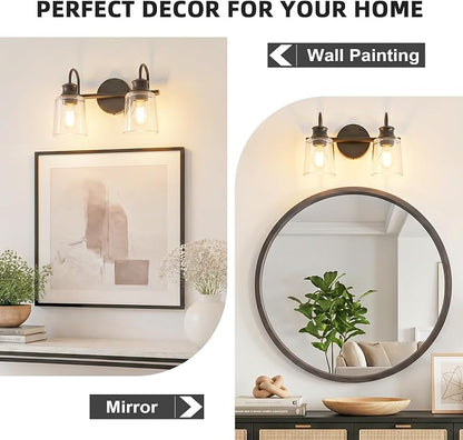 2 Lights Bathroom Light Fixtures Modern Black Vanity Lights | ETL Certificate, Easy to Install,Wall Mount Up or Down,Thickened Glass Lampshade,E26 Socket,Hardwired