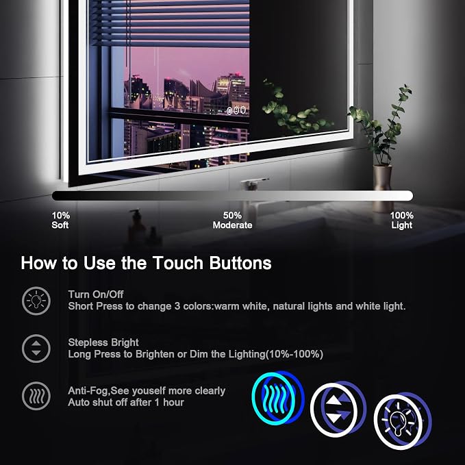 40x30 Inch LED Bathroom Mirror with Lights | Front and Backlit, 3 Colors, Dimmable, Memory, Anti Fog, Shatterproof, Horizontal/Vertical, Lighted Mirrors for Bathroom Wall