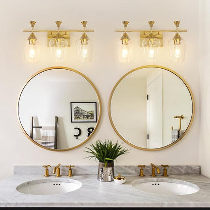 Bathroom Light Fixtures (3-Light, 19 Inch), Brushed Gold Vanity Lights for Bathroom with Clear Wine Glass Glass Shade, Modern Vanity Wall Lights for Mirror Bedroom Living Room Kitchen Hallway Porch