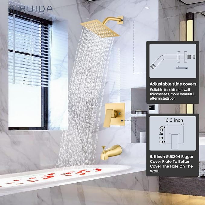 Airuida 6 Inch Shower Faucet Set,Bathtub Faucet Kit,Brushed Gold | Shower Tub Faucet Set,Male Threads Rough-In Valve,Square Head Shower System