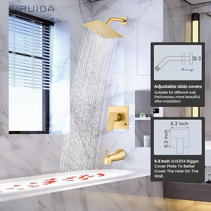 Airuida 6 Inch Shower Faucet Set,Bathtub Faucet Kit,Brushed Gold | Shower Tub Faucet Set,Male Threads Rough-In Valve,Square Head Shower System