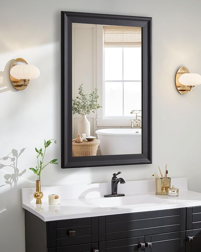 Black Wall Mirror for Bathroom,Rectangle Rustic Large 30 x 48 inch Mirrors | Hanging Vanity Mirror with Wood Grain Finish for Living Room,Bedroom,Entryway