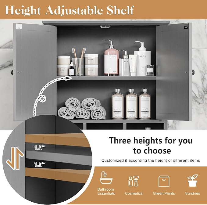 Bathroom Wall Cabinet, Bathroom Cabinet Wall Mount with 2 Doors and 3 Open Shelves, Over The Toilet Wood Medicine Cabinets for Laundry Room, Grey