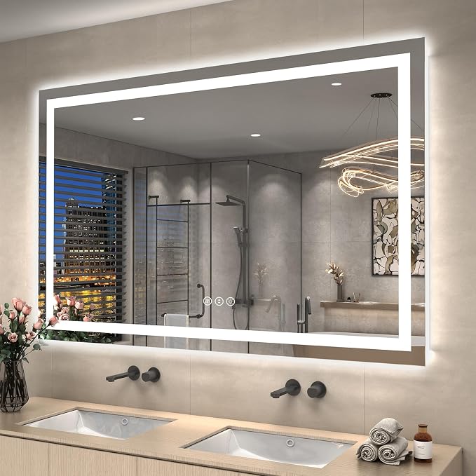 55x36 LED Lighted Bathroom Mirror for Vanity Wall | Front Light and Backlit, Anti-Fog, Memory, 3 Color, Tempered Glass, Dimmable, Rectangular, UL, Horizontal/ Vertical Mounted