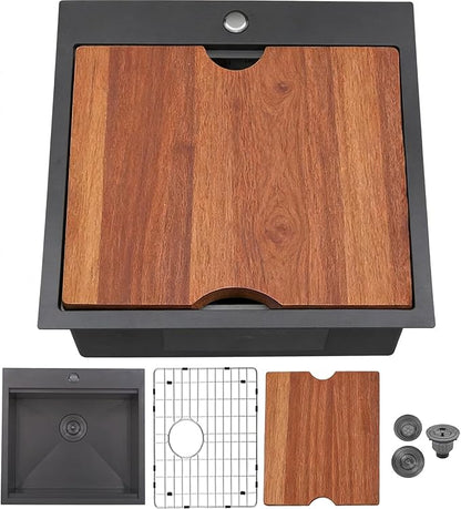 21x20 Inch Black Kitchen Sink, Drop in Bar Sink Black, Stainless Steel Square Small Topmount Workstation Sinks, Single Bowl for Laundry Office Wet Bar Prep RV Outdoor Yard