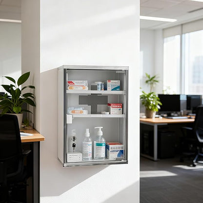 Locking Stainless Steel Medicine Cabinet, 3 Tier Wall Mounted Storage Cabinet, Durable Stainless Steel, Surface or Flush Mount, Ideal for Home, Office or First Aid, 11.8 * 4.7 * 17.7