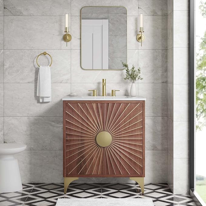Modway Daylight Bathroom Vanity Cabinet with Ceramic Sink Basin, 30 Inch, White Walnut