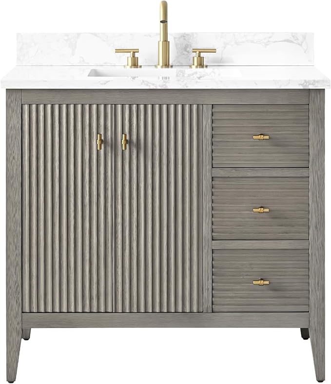 HOMEBEYOND 36" Bathroom Vanity with Sink, Solid Wood Bathroom Vanity Free-Standing Cabinet, Drawers, Ceramic Top & Soft Closing Door, Golden Brushed Handware, Driftwood Gray